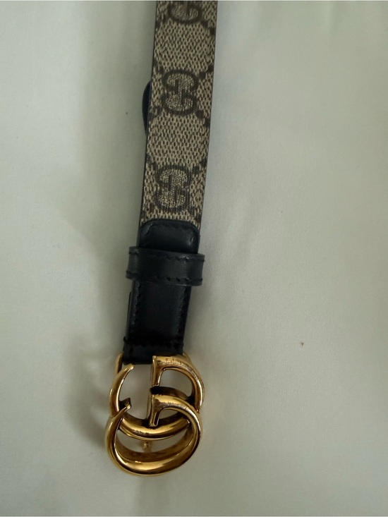 Gucci Accessories - Gucci Beige Monogram Belt with Dark Brown Trim & Gold Double G Buckle